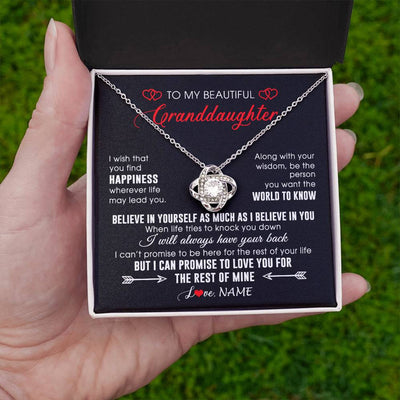 Love Knot Necklace 14K White Gold Finish | Personalized To My Beautiful Granddaughter Necklace From Grandma Papa Happiness Wherever Life Birthday Graduation Christmas Customized Gift Box Message Card | teecentury