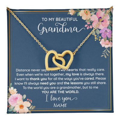 Interlocking Hearts Necklace 18K Yellow Gold Finish | 1 | Personalized To My Beautiful Grandma Necklace From Grandkids Granddaughter You Are The World Grandma Birthday Mothers Day Customized Gift Box Message Card | teecentury