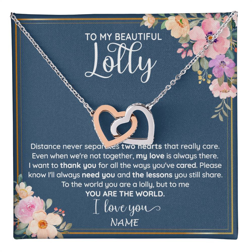 Interlocking Hearts Necklace Stainless Steel & Rose Gold Finish | 1 | Personalized To My Beautiful Lolly Necklace From Grandkids Granddaughter You Are The World Lolly Birthday Mothers Day Jewelry Customized Gift Box Message Card | teecentury
