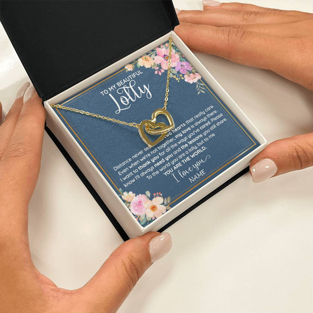 Interlocking Hearts Necklace 18K Yellow Gold Finish | 2 | Personalized To My Beautiful Lolly Necklace From Grandkids Granddaughter You Are The World Lolly Birthday Mothers Day Jewelry Customized Gift Box Message Card | teecentury