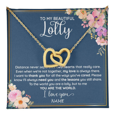 Interlocking Hearts Necklace 18K Yellow Gold Finish | 1 | Personalized To My Beautiful Lolly Necklace From Grandkids Granddaughter You Are The World Lolly Birthday Mothers Day Jewelry Customized Gift Box Message Card | teecentury