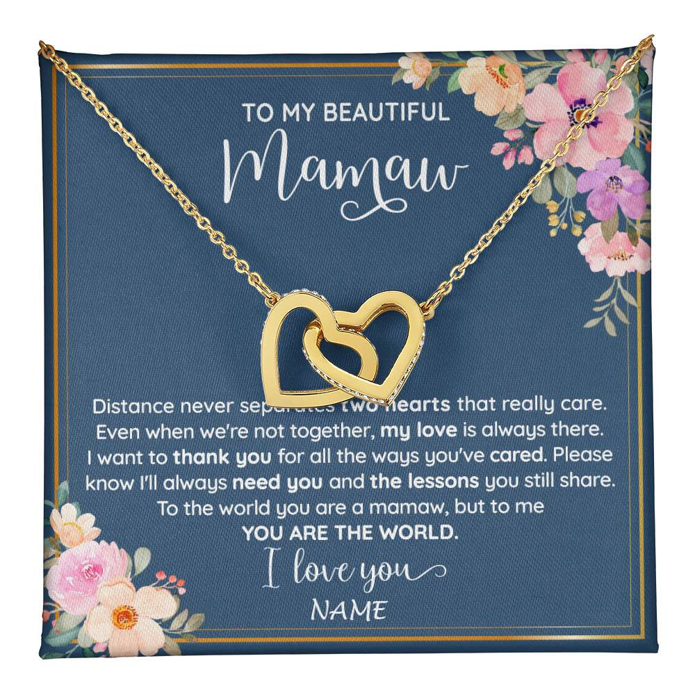 Interlocking Hearts Necklace 18K Yellow Gold Finish | 1 | Personalized To My Beautiful Mamaw Necklace From Grandkids Granddaughter You Are The World Mamaw Birthday Mothers Day Jewelry Customized Gift Box Message Card | teecentury