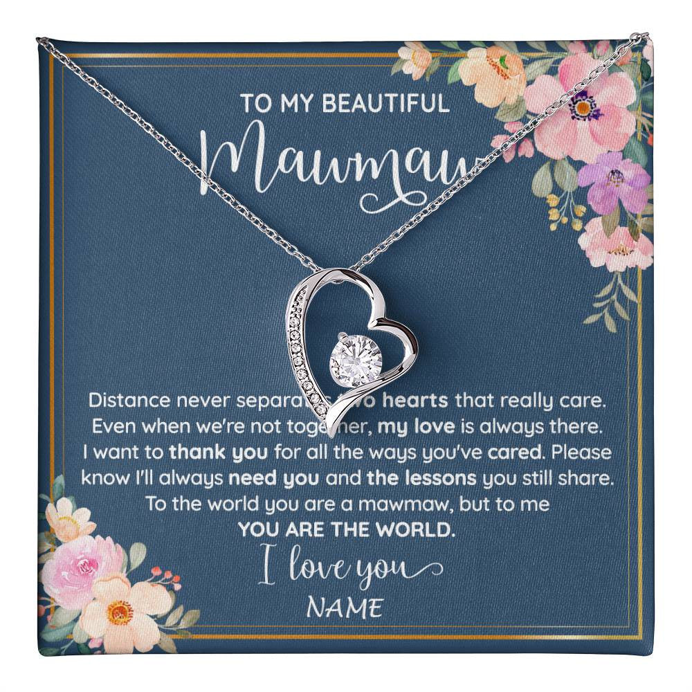 Forever Love Necklace 14K White Gold Finish | 1 | Personalized To My Beautiful Mawmaw Necklace From Grandkids Granddaughter You Are The World Mawmaw Birthday Mothers Day Customized Gift Box Message Card | teecentury