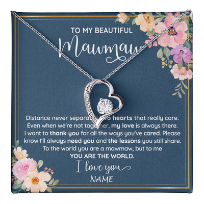 Forever Love Necklace 14K White Gold Finish | 1 | Personalized To My Beautiful Mawmaw Necklace From Grandkids Granddaughter You Are The World Mawmaw Birthday Mothers Day Customized Gift Box Message Card | teecentury