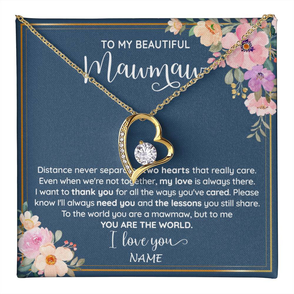 Forever Love Necklace 18K Yellow Gold Finish | 1 | Personalized To My Beautiful Mawmaw Necklace From Grandkids Granddaughter You Are The World Mawmaw Birthday Mothers Day Customized Gift Box Message Card | teecentury