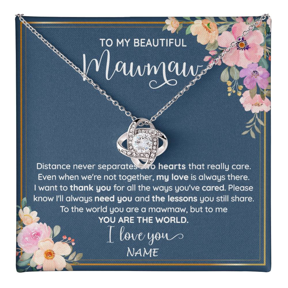 Love Knot Necklace 14K White Gold Finish | 1 | Personalized To My Beautiful Mawmaw Necklace From Grandkids Granddaughter You Are The World Mawmaw Birthday Mothers Day Customized Gift Box Message Card | teecentury