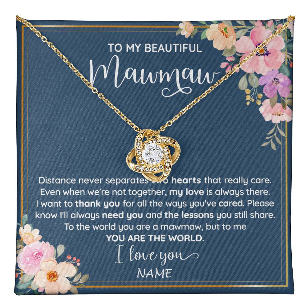 Love Knot Necklace 18K Yellow Gold Finish | 1 | Personalized To My Beautiful Mawmaw Necklace From Grandkids Granddaughter You Are The World Mawmaw Birthday Mothers Day Customized Gift Box Message Card | teecentury