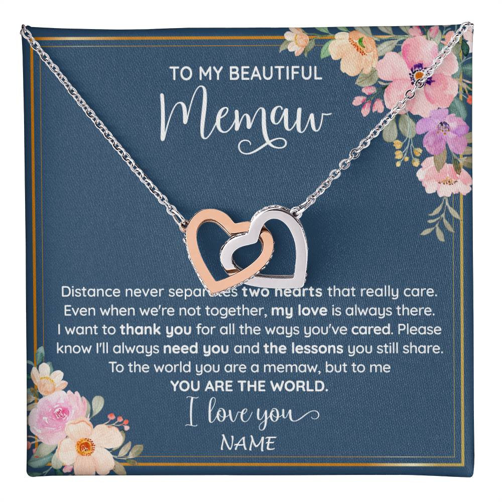 Interlocking Hearts Necklace Stainless Steel & Rose Gold Finish | 1 | Personalized To My Beautiful Memaw Necklace From Grandkids Granddaughter You Are The World Memaw Birthday Mothers Day Jewelry Customized Gift Box Message Card | teecentury