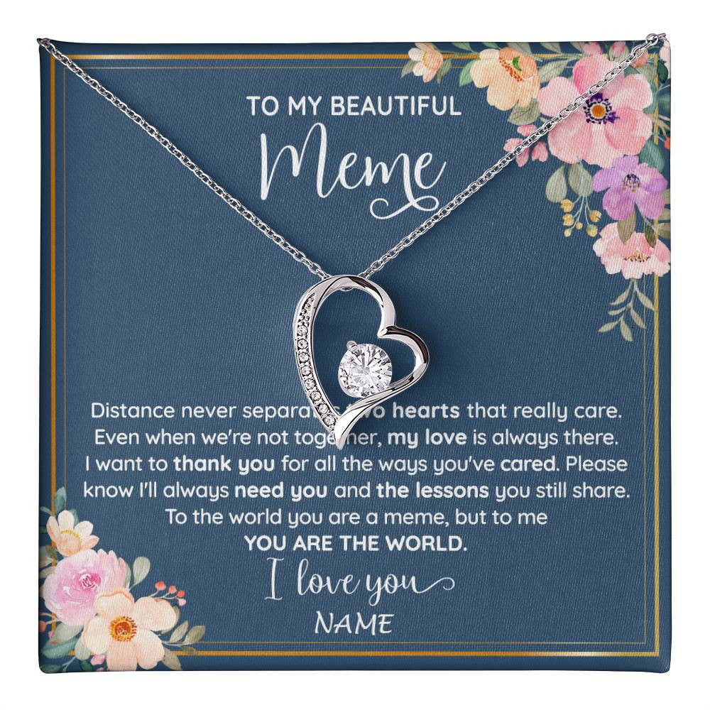 Forever Love Necklace 14K White Gold Finish | 1 | Personalized To My Beautiful Meme Necklace From Grandkids Granddaughter You Are The World Meme Birthday Mothers Day Christmas Customized Gift Box Message Card | teecentury