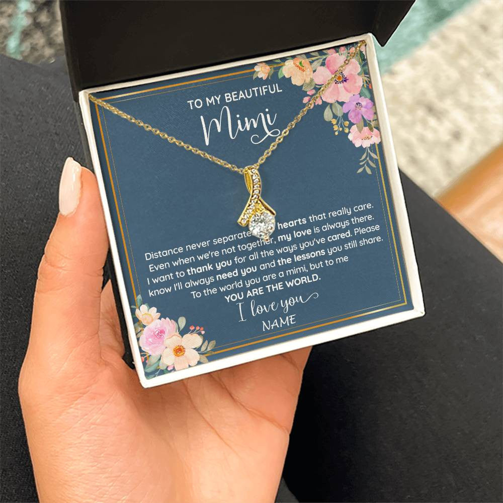 Alluring Beauty Necklace 18K Yellow Gold Finish | 2 | Personalized To My Beautiful Mimi Necklace From Grandkids Granddaughter You Are The World Mimi Birthday Mothers Day Christmas Customized Gift Box Message Card | teecentury