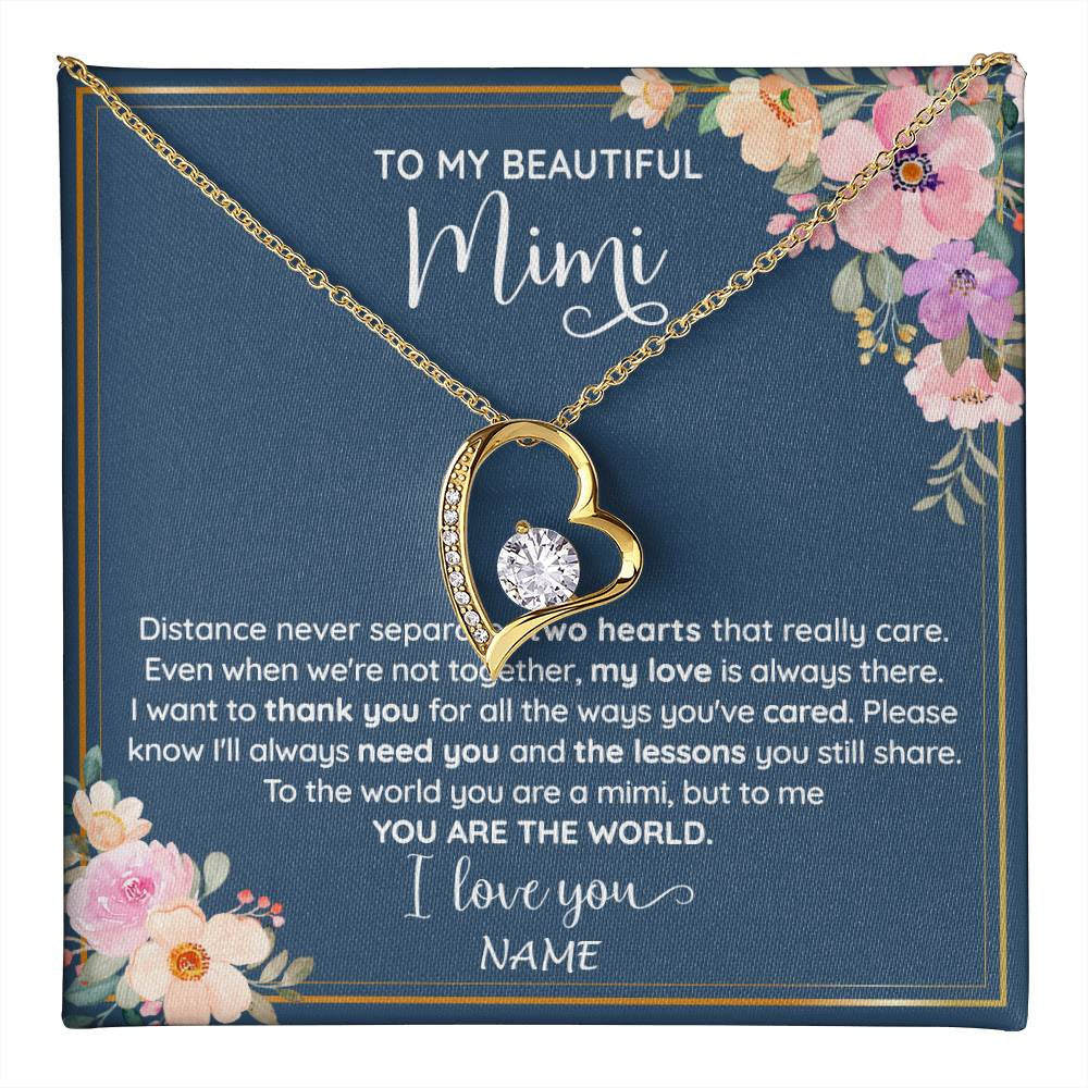 Forever Love Necklace 18K Yellow Gold Finish | 1 | Personalized To My Beautiful Mimi Necklace From Grandkids Granddaughter You Are The World Mimi Birthday Mothers Day Christmas Customized Gift Box Message Card | teecentury