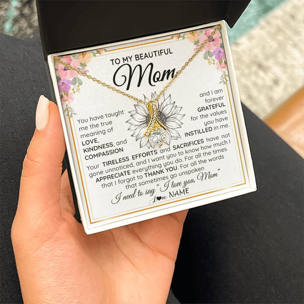 Alluring Beauty Necklace 18K Yellow Gold Finish | Personalized To My Beautiful Mom From Daughter Son Necklace Say I Love You Mom Birthday Mothers Day Christmas Jewelry Customized Gift Box Message Card | teecentury