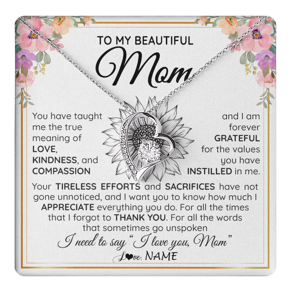 Forever Love Necklace 14K White Gold Finish | 1 | Personalized To My Beautiful Mom From Daughter Son Necklace Say I Love You Mom Birthday Mothers Day Christmas Jewelry Customized Gift Box Message Card | teecentury