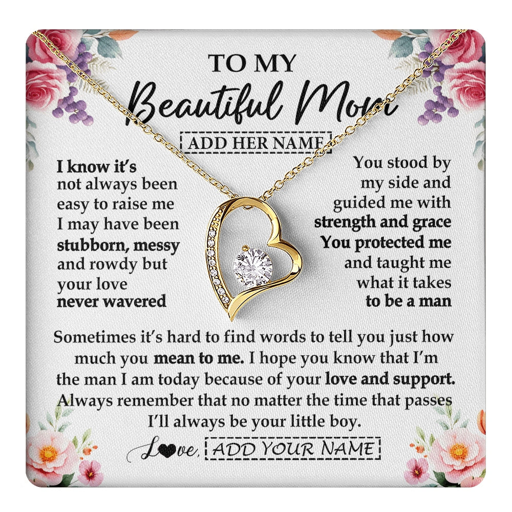 Forever Love Necklace 18K Yellow Gold Finish | 1 | Personalized To My Beautiful Mom Gifts From Son Daughter Necklace Love You Jewelry Gifts For Loving Mothers Day Birthday Christmas Custom Gift Box Message Card | https://teecentury.