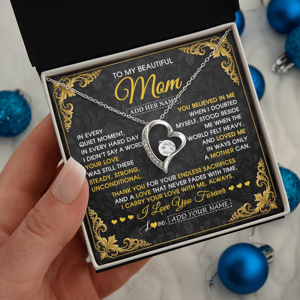 Forever Love Necklace 14K White Gold Finish | 2 | Personalized To My Beautiful Mom Necklace Sentimental Jewelry Gift From Daughter Son Mother's Day Birthday Anniversary Christmas Custom Gift Box Message Card | https://teecentury.