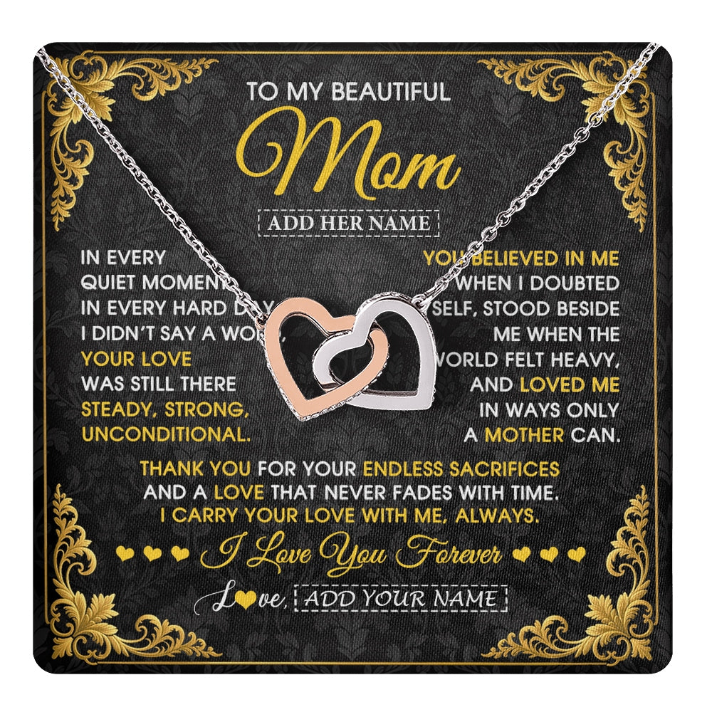 Interlocking Hearts Necklace Stainless Steel & Rose Gold Finish | 1 | Personalized To My Beautiful Mom Necklace Sentimental Jewelry Gift From Daughter Son Mother's Day Birthday Anniversary Christmas Custom Gift Box Message Card | https://teecentury.