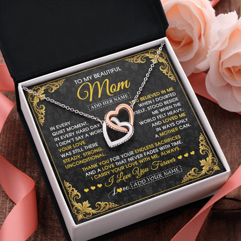 Interlocking Hearts Necklace Stainless Steel & Rose Gold Finish | 2 | Personalized To My Beautiful Mom Necklace Sentimental Jewelry Gift From Daughter Son Mother's Day Birthday Anniversary Christmas Custom Gift Box Message Card | https://teecentury.