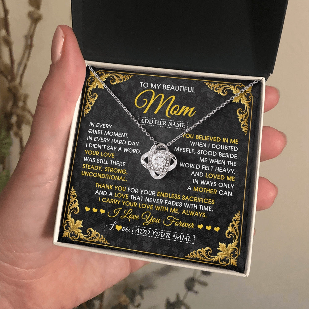 Love Knot Necklace 14K White Gold Finish | 2 | Personalized To My Beautiful Mom Necklace Sentimental Jewelry Gift From Daughter Son Mother's Day Birthday Anniversary Christmas Custom Gift Box Message Card | https://teecentury.
