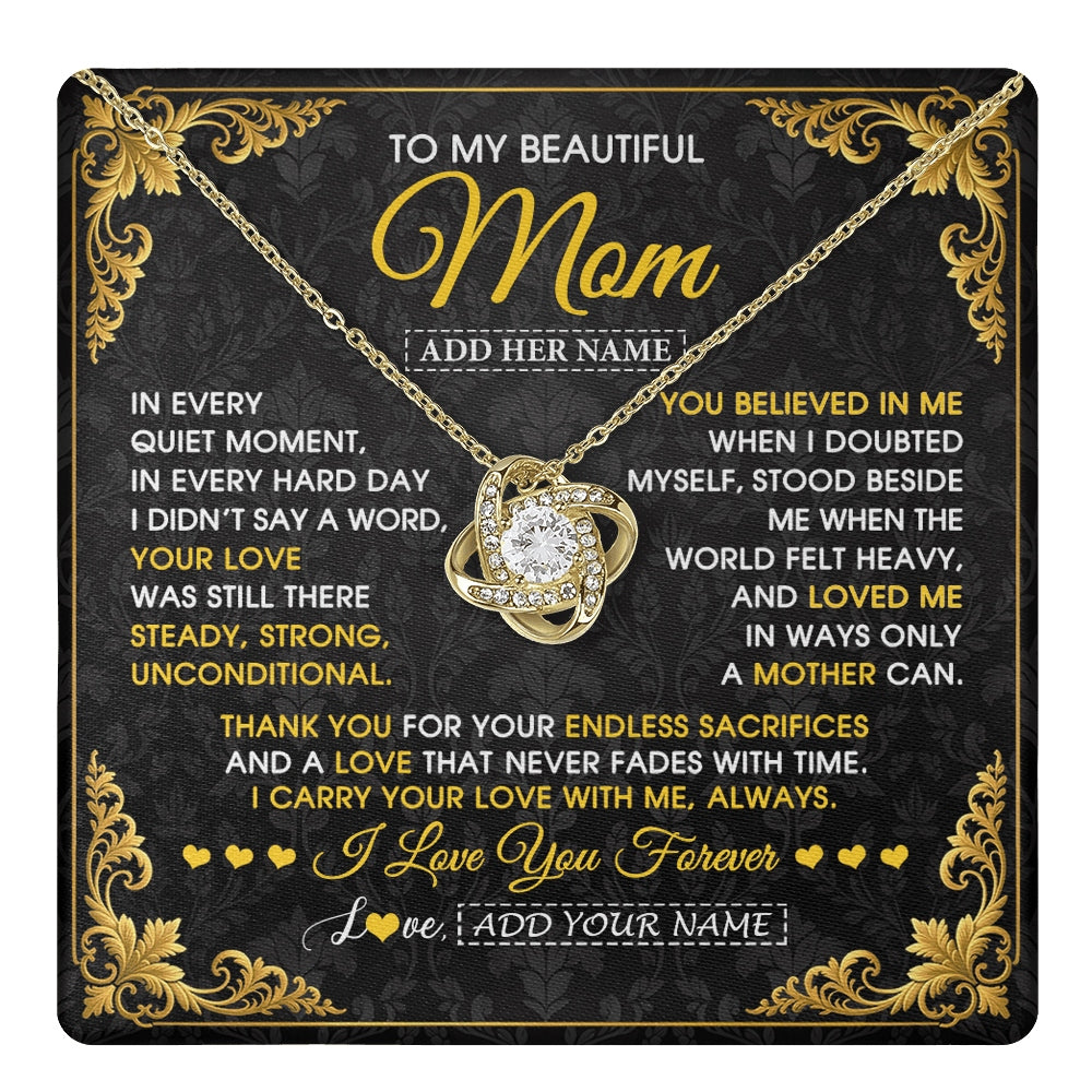 Love Knot Necklace 18K Yellow Gold Finish | 1 | Personalized To My Beautiful Mom Necklace Sentimental Jewelry Gift From Daughter Son Mother's Day Birthday Anniversary Christmas Custom Gift Box Message Card | https://teecentury.