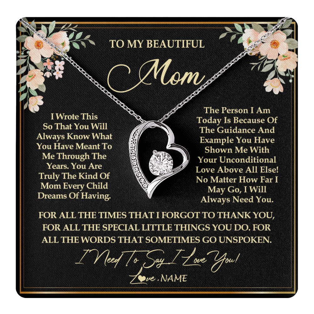 Forever Love Necklace 14K White Gold Finish | 1 | Personalized To My Beautiful Mom Necklace from Daughter Son I Need to Say I Love You Mom Birthday Mother's Day Pendant Jewelry Customized Gift Box Message Card | teecentury