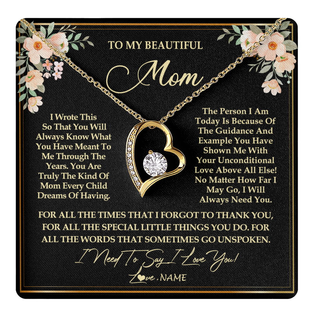 Forever Love Necklace 18K Yellow Gold Finish | 1 | Personalized To My Beautiful Mom Necklace from Daughter Son I Need to Say I Love You Mom Birthday Mother's Day Pendant Jewelry Customized Gift Box Message Card | teecentury