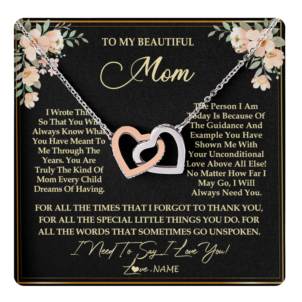 Interlocking Hearts Necklace Stainless Steel & Rose Gold Finish | 1 | Personalized To My Beautiful Mom Necklace from Daughter Son I Need to Say I Love You Mom Birthday Mother's Day Pendant Jewelry Customized Gift Box Message Card | teecentury