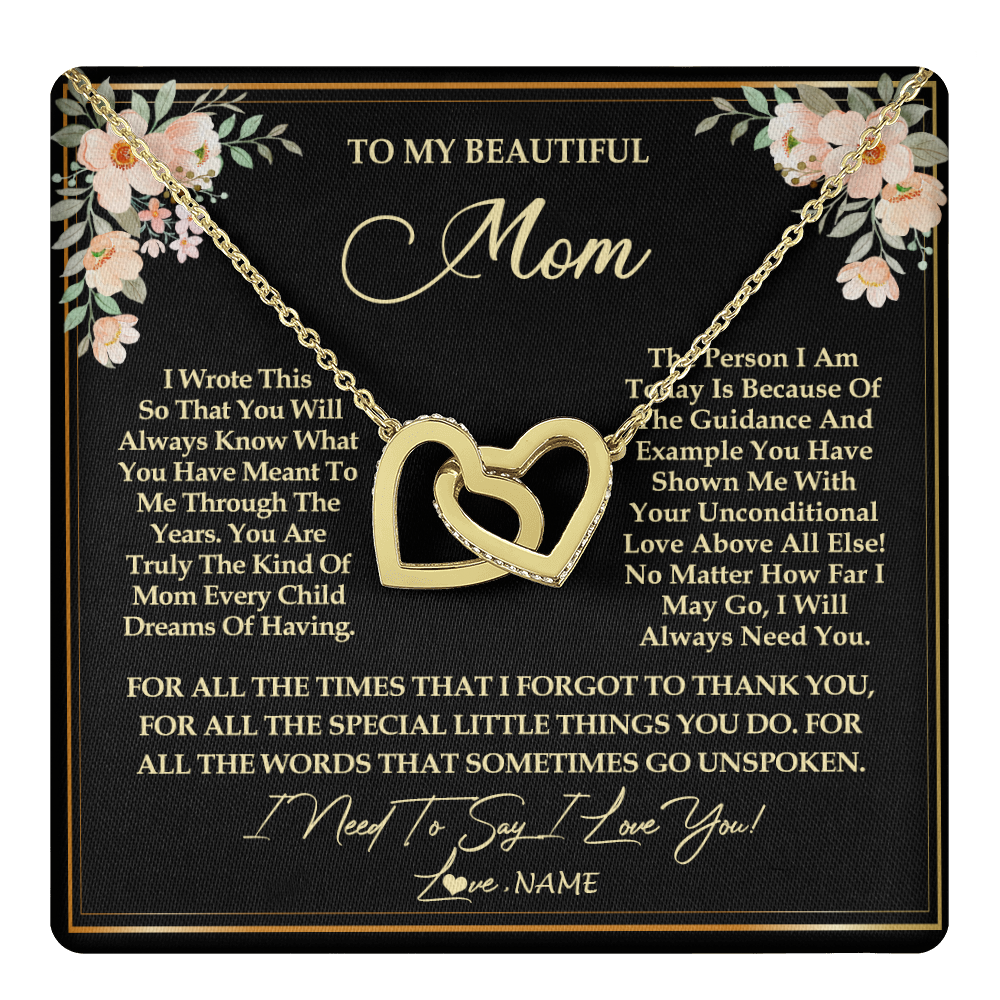 Interlocking Hearts Necklace 18K Yellow Gold Finish | 1 | Personalized To My Beautiful Mom Necklace from Daughter Son I Need to Say I Love You Mom Birthday Mother's Day Pendant Jewelry Customized Gift Box Message Card | teecentury
