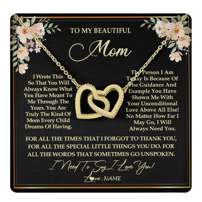 Interlocking Hearts Necklace 18K Yellow Gold Finish | 1 | Personalized To My Beautiful Mom Necklace from Daughter Son I Need to Say I Love You Mom Birthday Mother's Day Pendant Jewelry Customized Gift Box Message Card | teecentury