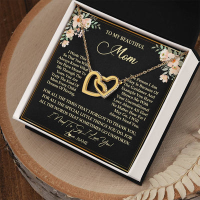 Interlocking Hearts Necklace 18K Yellow Gold Finish | Personalized To My Beautiful Mom Necklace from Daughter Son I Need to Say I Love You Mom Birthday Mother's Day Pendant Jewelry Customized Gift Box Message Card | teecentury
