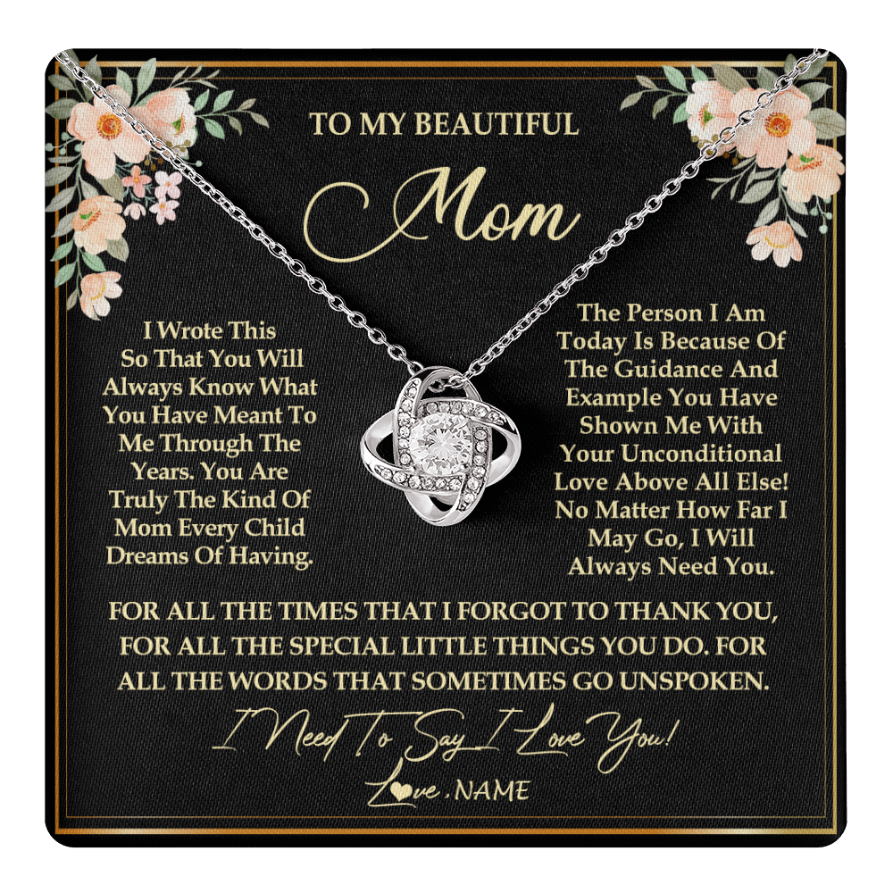 Love Knot Necklace 14K White Gold Finish | 1 | Personalized To My Beautiful Mom Necklace from Daughter Son I Need to Say I Love You Mom Birthday Mother's Day Pendant Jewelry Customized Gift Box Message Card | teecentury