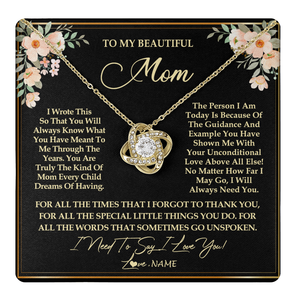 Love Knot Necklace 18K Yellow Gold Finish | 1 | Personalized To My Beautiful Mom Necklace from Daughter Son I Need to Say I Love You Mom Birthday Mother's Day Pendant Jewelry Customized Gift Box Message Card | teecentury