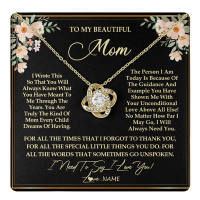 Love Knot Necklace 18K Yellow Gold Finish | 1 | Personalized To My Beautiful Mom Necklace from Daughter Son I Need to Say I Love You Mom Birthday Mother's Day Pendant Jewelry Customized Gift Box Message Card | teecentury
