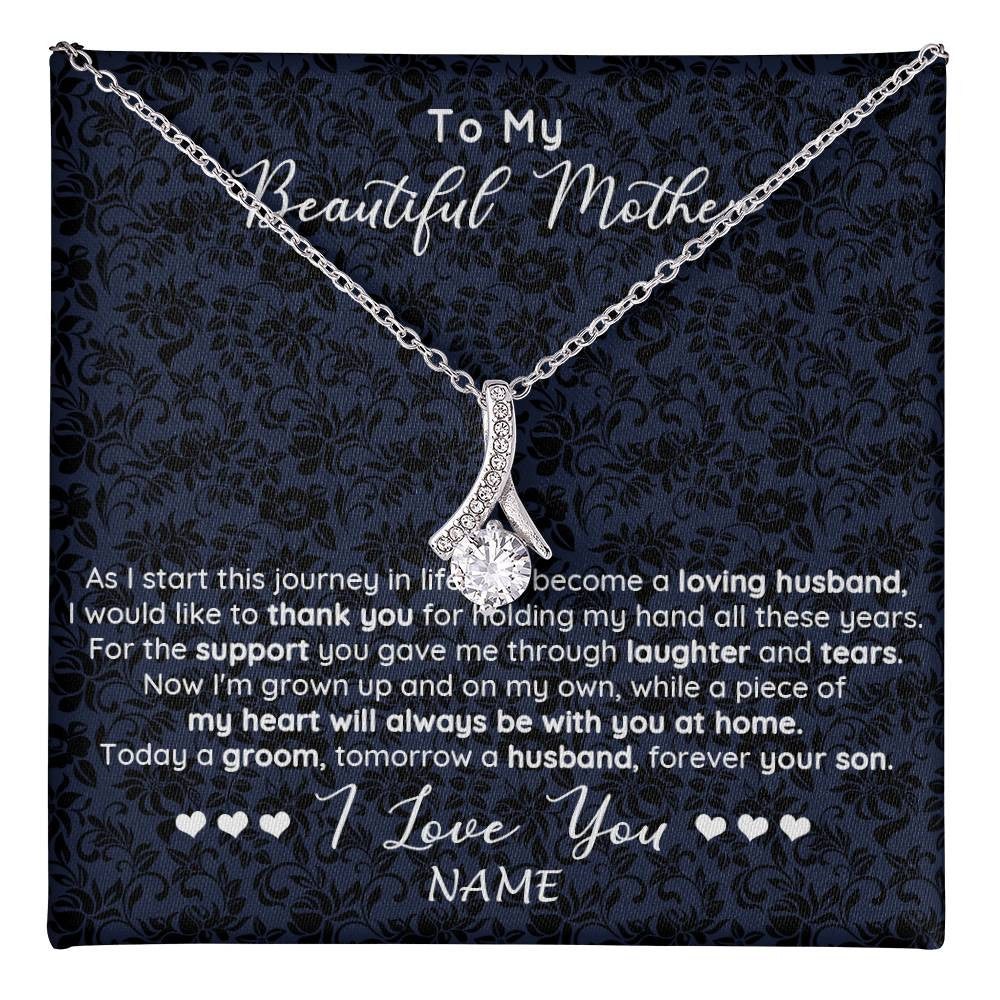 Alluring Beauty Necklace 14K White Gold Finish | 1 | Personalized To My Beautiful Mother Necklace From Son On My Wedding Day Mother Of The Groom For Mom Wedding Day Jewelry Customized Gift Box Message Card | teecentury