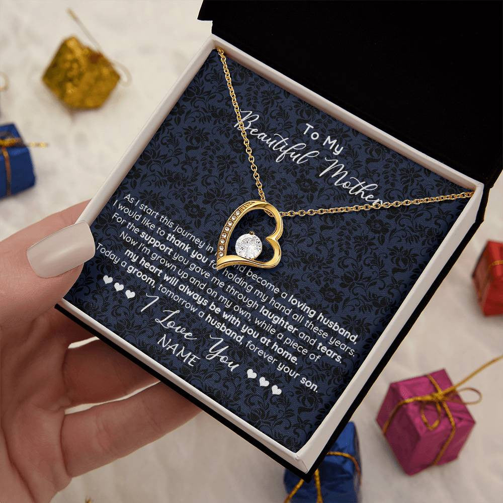 Forever Love Necklace 18K Yellow Gold Finish | 2 | Personalized To My Beautiful Mother Necklace From Son On My Wedding Day Mother Of The Groom For Mom Wedding Day Jewelry Customized Gift Box Message Card | teecentury