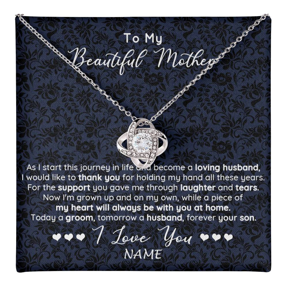 Love Knot Necklace 14K White Gold Finish | 1 | Personalized To My Beautiful Mother Necklace From Son On My Wedding Day Mother Of The Groom For Mom Wedding Day Jewelry Customized Gift Box Message Card | teecentury