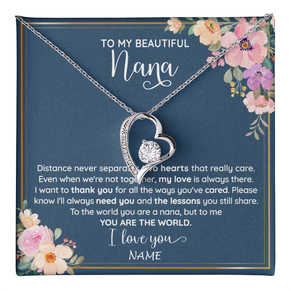 Forever Love Necklace 14K White Gold Finish | 1 | Personalized To My Beautiful Nana Necklace From Grandkids Granddaughter You Are The World Nana Birthday Mothers Day Christmas Customized Gift Box Message Card | teecentury