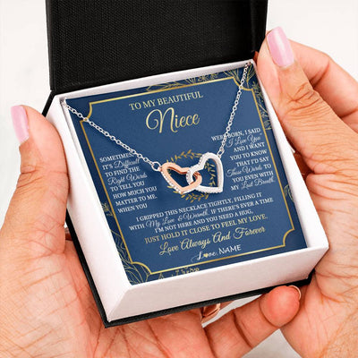 Interlocking Hearts Necklace Stainless Steel & Rose Gold Finish | 2 | Personalized To My Beautiful Niece From Aunt Uncle I Gripped This Necklace Niece Jewelry Birthday Gifts Christmas Customized Gift Box Message Card | teecentury
