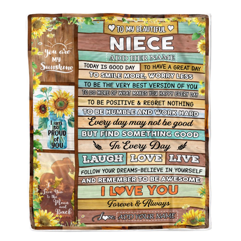 Personalized To My Beautiful Niece Gifts Blanket From Aunt Auntie Wood Sunflower Gifts For Niece Birthday Graduation Christmas Customized Fleece Blanket | teecentury