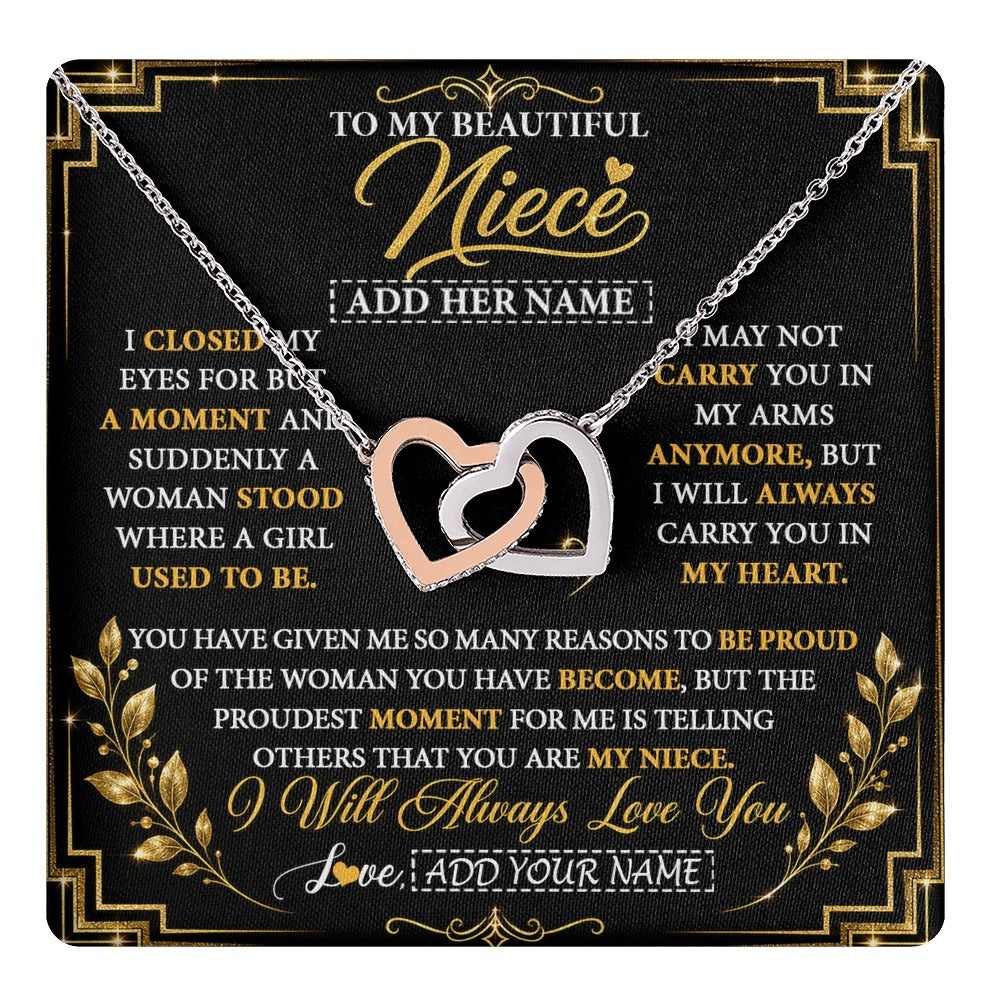 Interlocking Hearts Necklace Stainless Steel & Rose Gold Finish | 1 | Personalized To My Beautiful Niece Gifts From Aunt Uncle Pendant Necklace I Close My Eyes Niece Birthday Gifts Christmas Graduation Gift Box Message Card | https://teecentury.