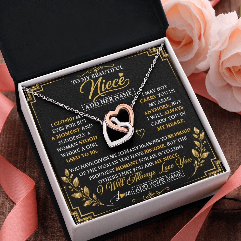 Interlocking Hearts Necklace Stainless Steel & Rose Gold Finish | 2 | Personalized To My Beautiful Niece Gifts From Aunt Uncle Pendant Necklace I Close My Eyes Niece Birthday Gifts Christmas Graduation Gift Box Message Card | https://teecentury.