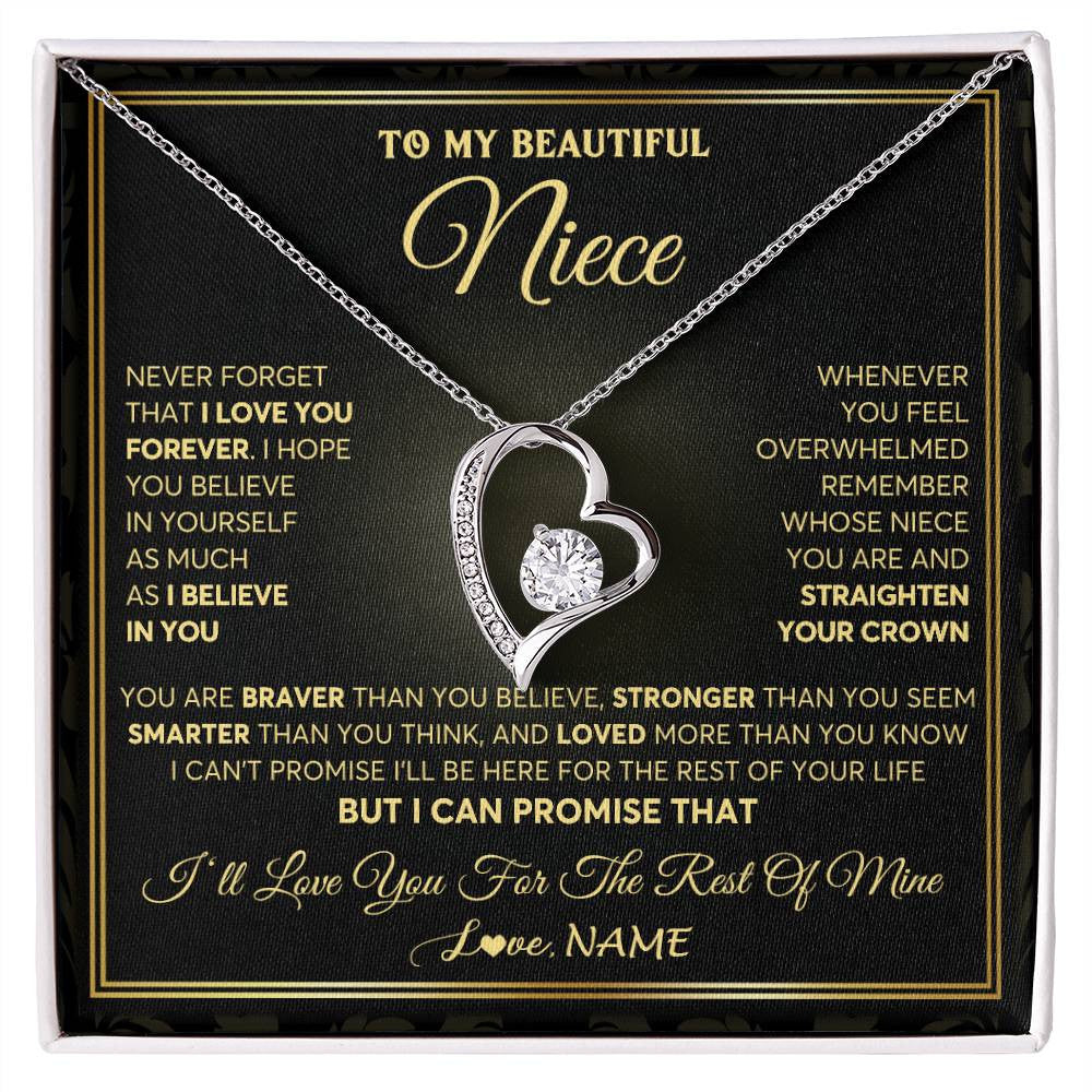 Forever Love Necklace 14K White Gold Finish | 1 | Personalized To My Beautiful Niece Necklace From Aunt Auntie I Love You Jewelry Gifts For Niece Birthday Graduation Christmas Customized Gift Box Message Card | teecentury