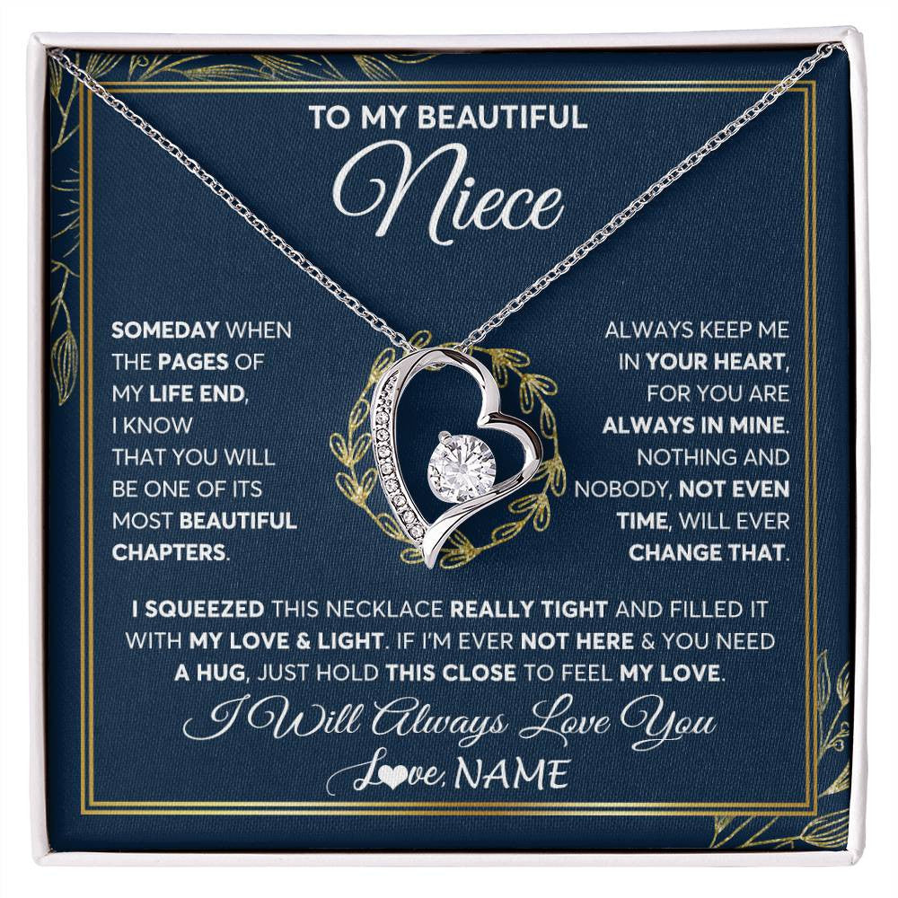 Forever Love Necklace 14K White Gold Finish | Personalized To My Beautiful Niece Necklace From Aunt Auntie Uncle Someday Niece Birthday Christmas Jewelry Charm Present Customized Gift Box Message Card | teecentury