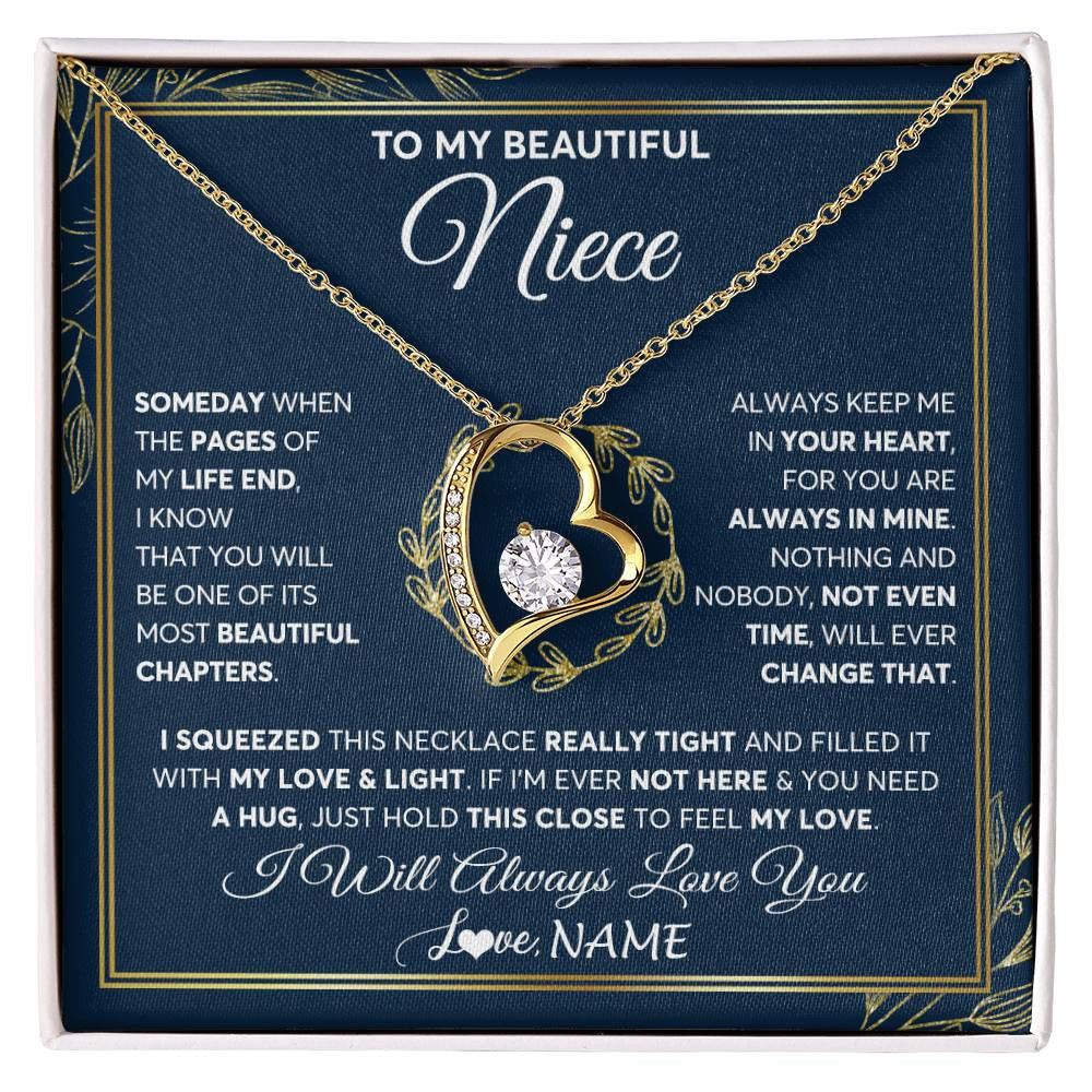 Forever Love Necklace 18K Yellow Gold Finish | Personalized To My Beautiful Niece Necklace From Aunt Auntie Uncle Someday Niece Birthday Christmas Jewelry Charm Present Customized Gift Box Message Card | teecentury