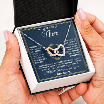 Interlocking Hearts Necklace Stainless Steel & Rose Gold Finish | Personalized To My Beautiful Niece Necklace From Aunt Auntie Uncle Someday Niece Birthday Christmas Jewelry Charm Present Customized Gift Box Message Card | teecentury