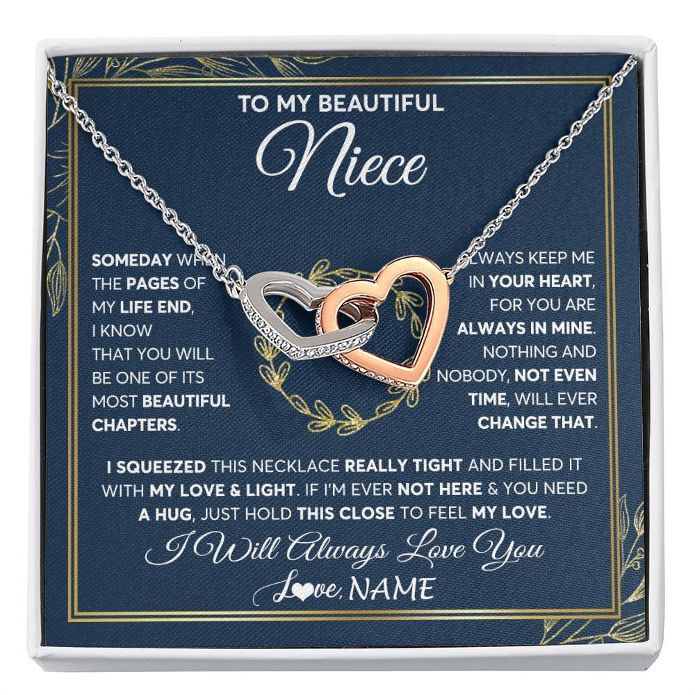 Interlocking Hearts Necklace Stainless Steel & Rose Gold Finish | Personalized To My Beautiful Niece Necklace From Aunt Auntie Uncle Someday Niece Birthday Christmas Jewelry Charm Present Customized Gift Box Message Card | teecentury