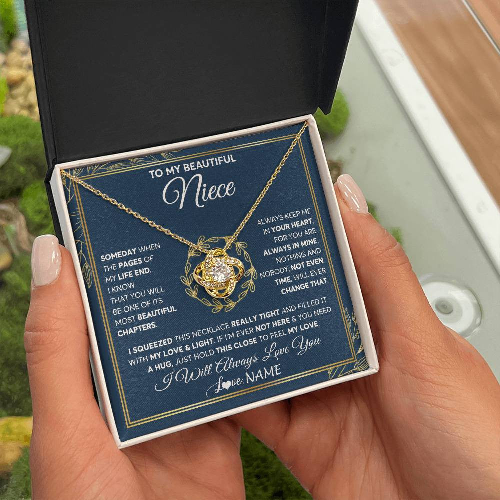 Love Knot Necklace 18K Yellow Gold Finish | Personalized To My Beautiful Niece Necklace From Aunt Auntie Uncle Someday Niece Birthday Christmas Jewelry Charm Present Customized Gift Box Message Card | teecentury