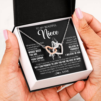 Interlocking Hearts Necklace Stainless Steel & Rose Gold Finish | 2 | Personalized To My Beautiful Niece Necklace From Aunt Believe In Yourself Niece Birthday Gifts Jewelry Graduation Christmas Customized Message Card | teecentury