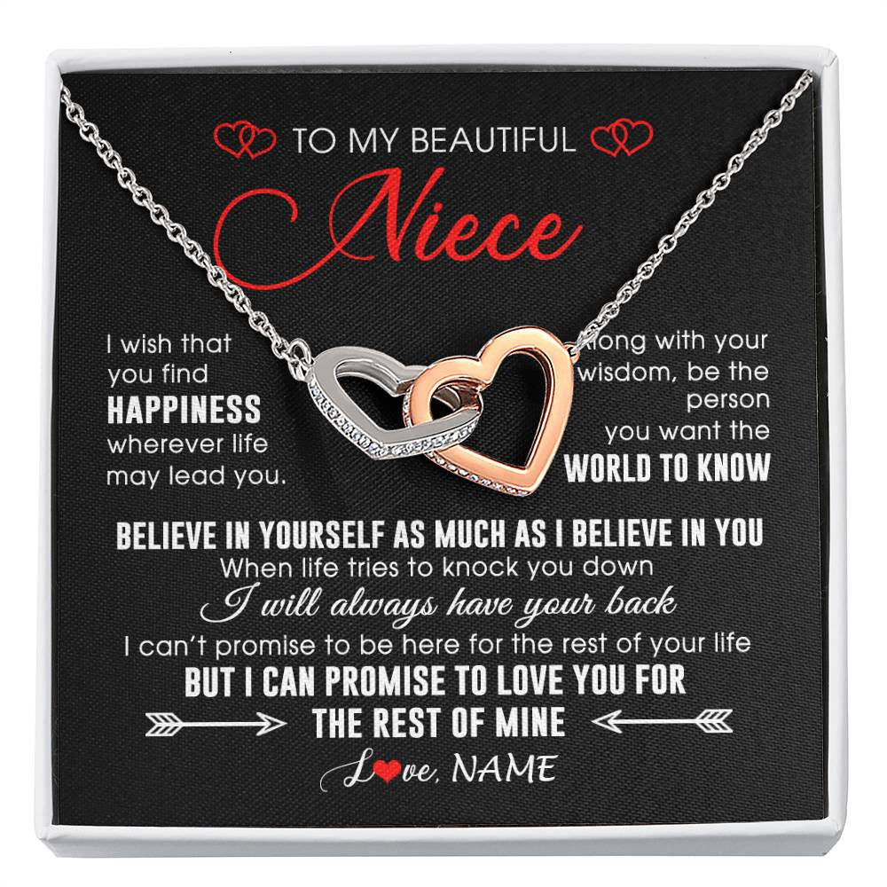 Interlocking Hearts Necklace Stainless Steel & Rose Gold Finish | Personalized To My Beautiful Niece Necklace From Aunt Uncle Aunt Happiness Wherever Life Niece Birthday Graduation Christmas Customized Gift Box Message Card | teecentury