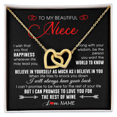 Interlocking Hearts Necklace 18K Yellow Gold Finish | Personalized To My Beautiful Niece Necklace From Aunt Uncle Aunt Happiness Wherever Life Niece Birthday Graduation Christmas Customized Gift Box Message Card | teecentury