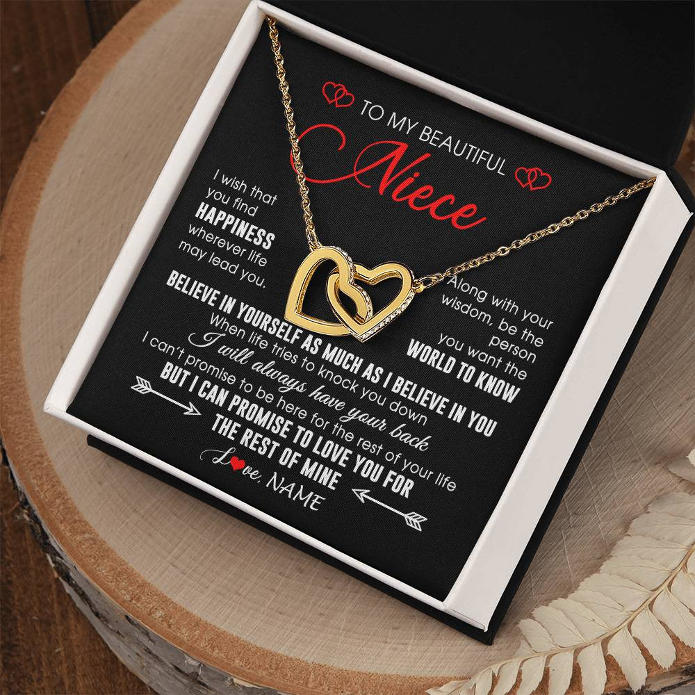 Interlocking Hearts Necklace 18K Yellow Gold Finish | Personalized To My Beautiful Niece Necklace From Aunt Uncle Aunt Happiness Wherever Life Niece Birthday Graduation Christmas Customized Gift Box Message Card | teecentury